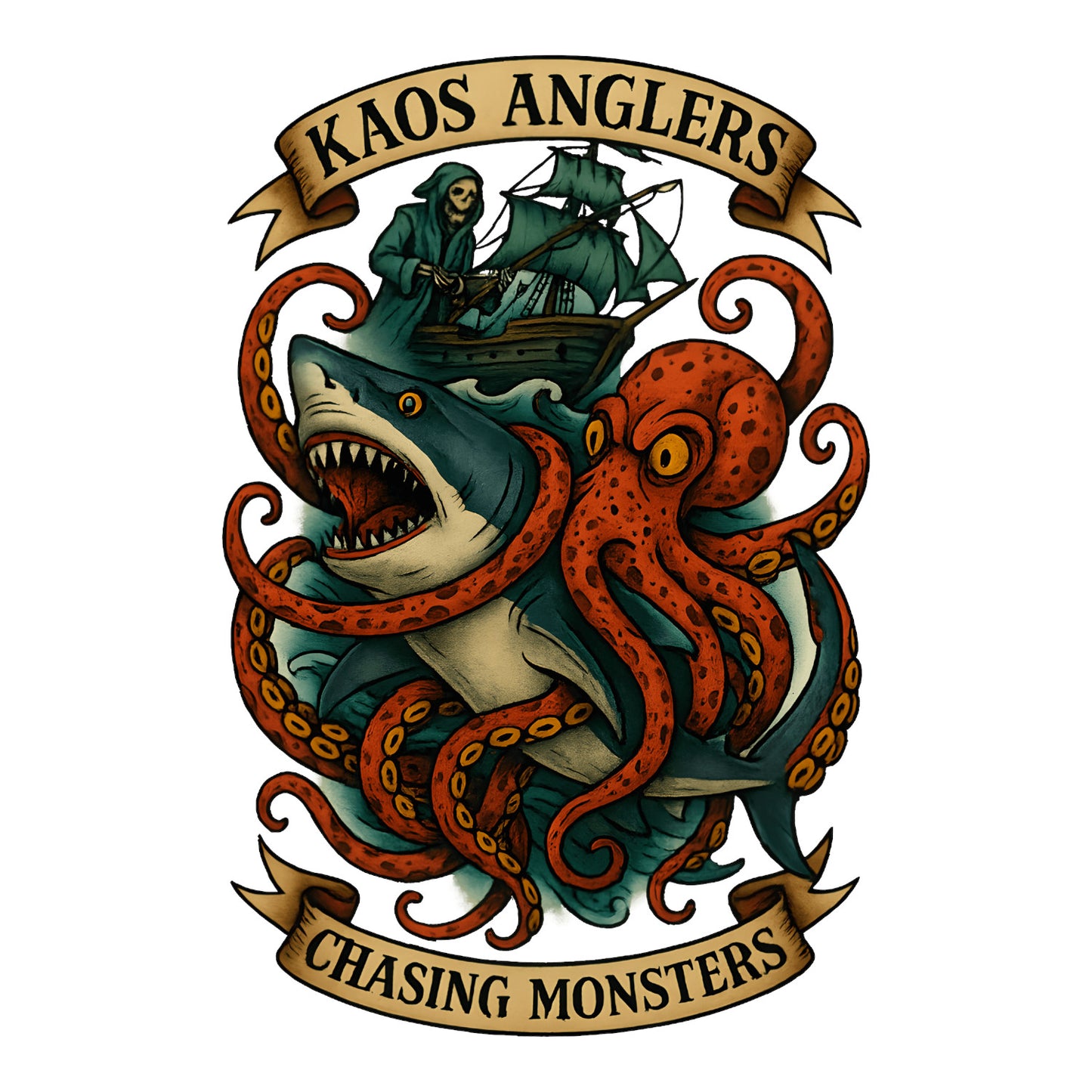KAOS Anglers Reaper Shark and Kraken T-Shirt | KAOS CLOTHING D447