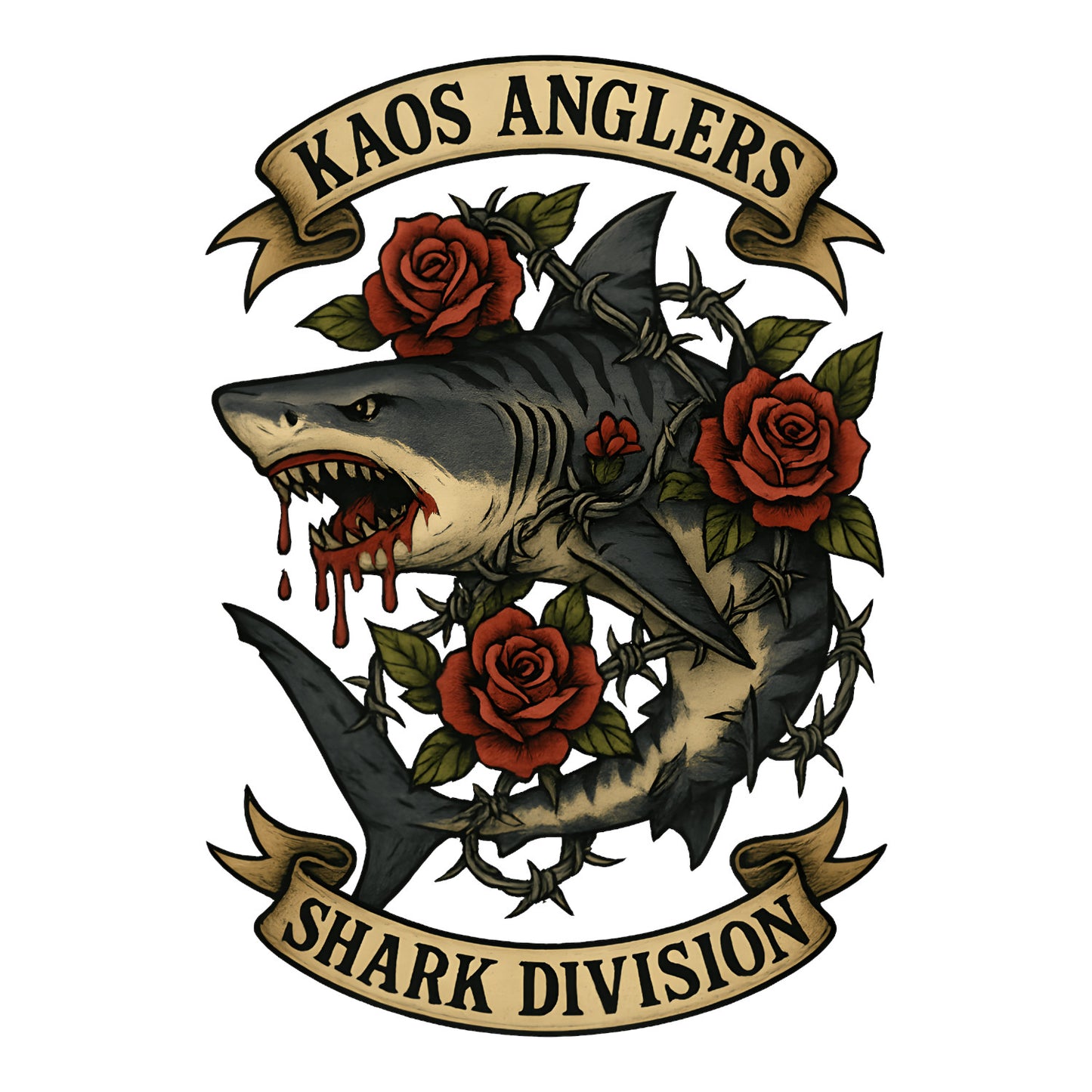 KAOS Anglers Tiger Shark Roses Shark Division T-Shirt | KAOS CLOTHING D460