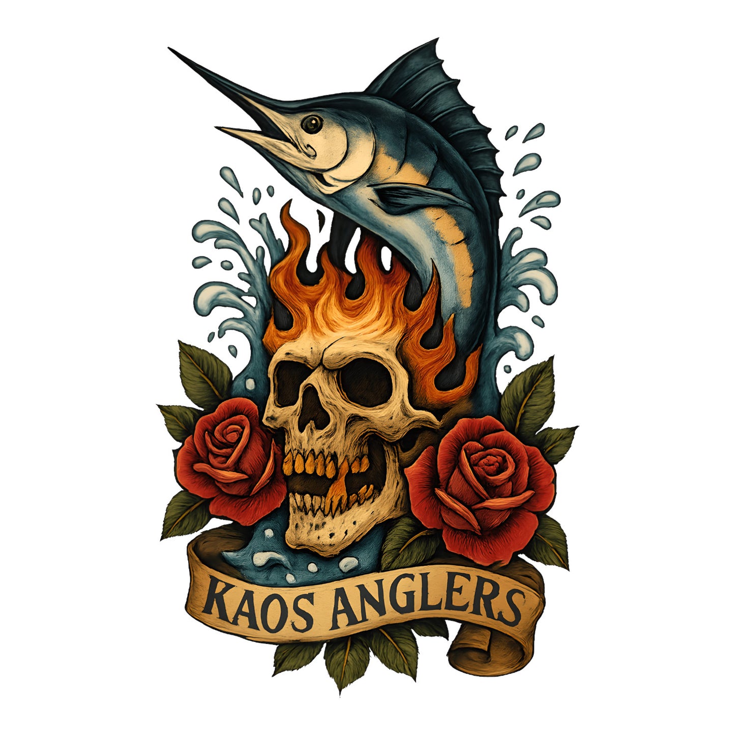 KAOS Anglers Flaming Marlin Skull Roses T-Shirt | KAOS CLOTHING D479
