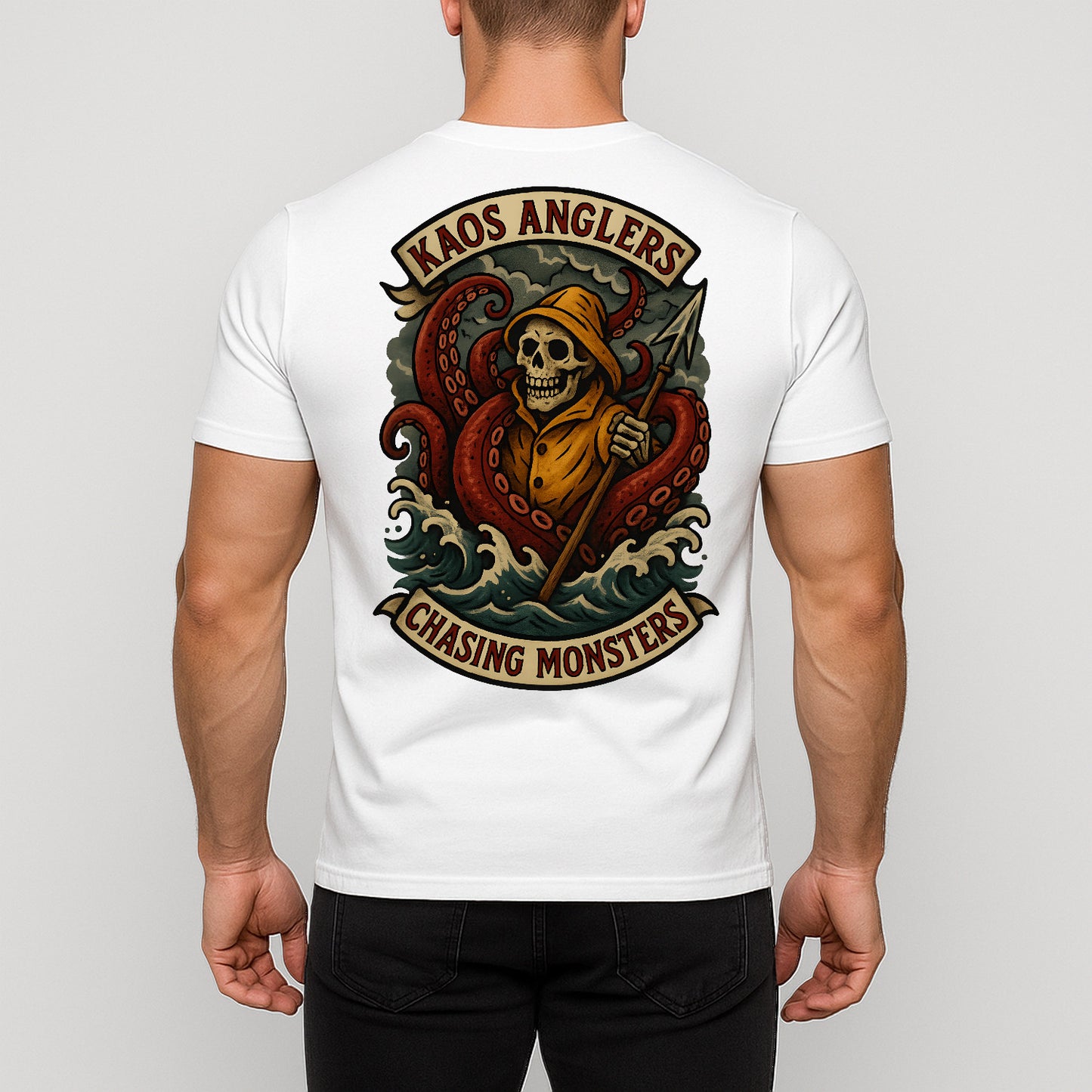 KAOS Anglers Kraken Fisherman Chasing Monsters T-Shirt | KAOS CLOTHING D435