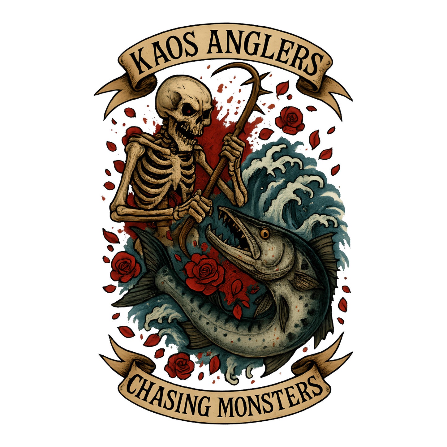 KAOS Anglers Skeleton Fisherman Monster Fish T-Shirt | KAOS CLOTHING D436
