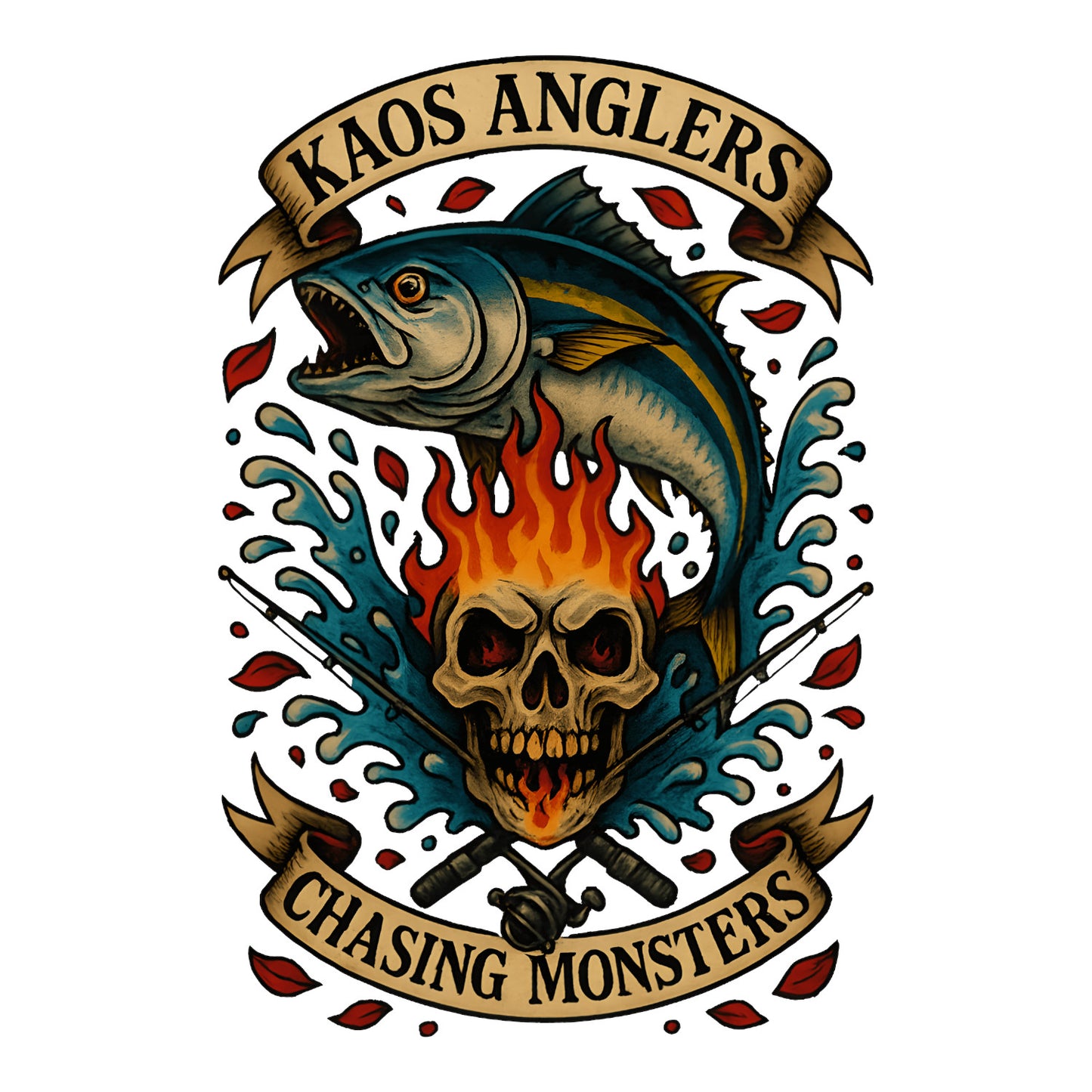 KAOS Anglers Tuna Flaming Skull Fishing T-Shirt | KAOS CLOTHING D439