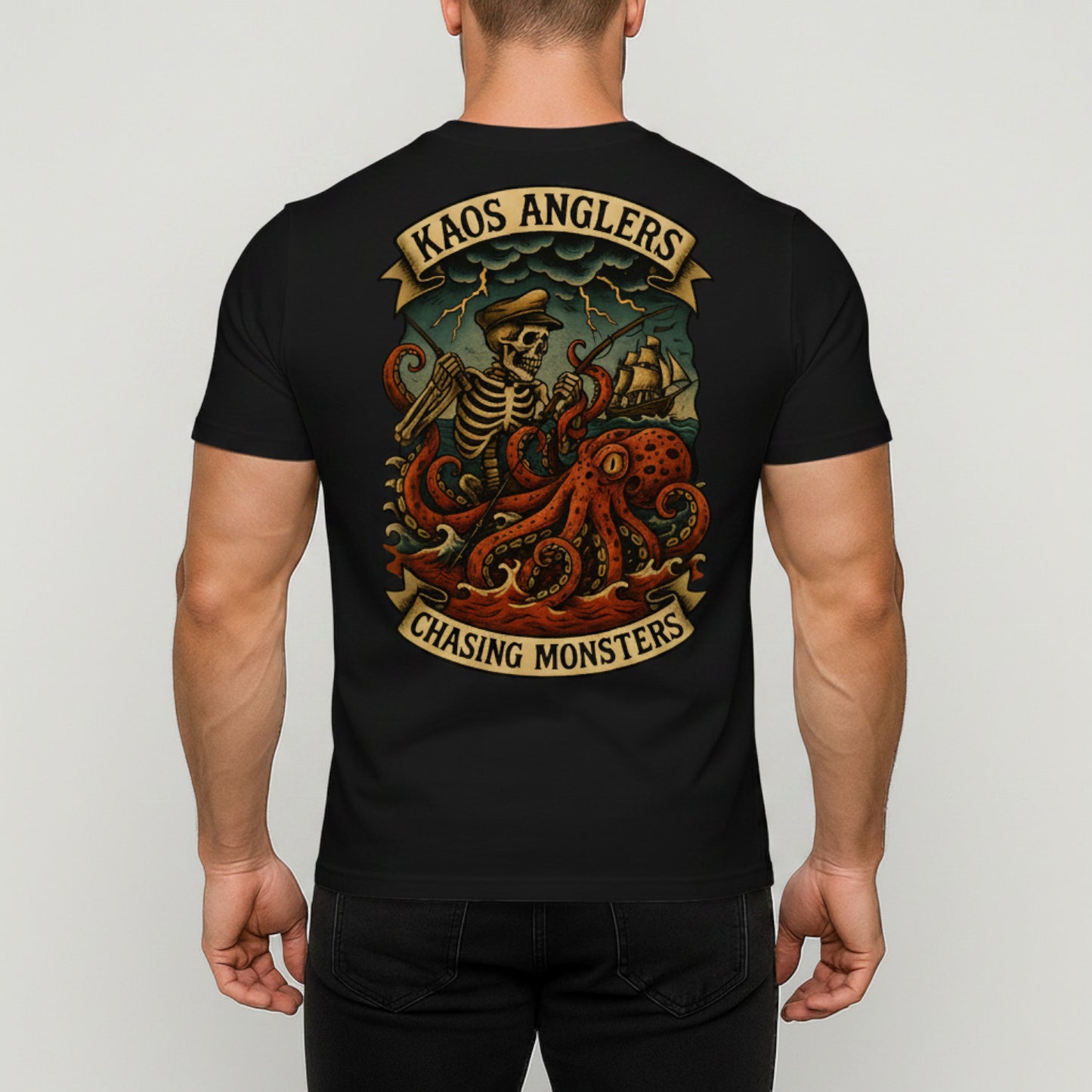 KAOS Anglers Skeleton Fisherman Giant Octopus T-Shirt | KAOS CLOTHING D446