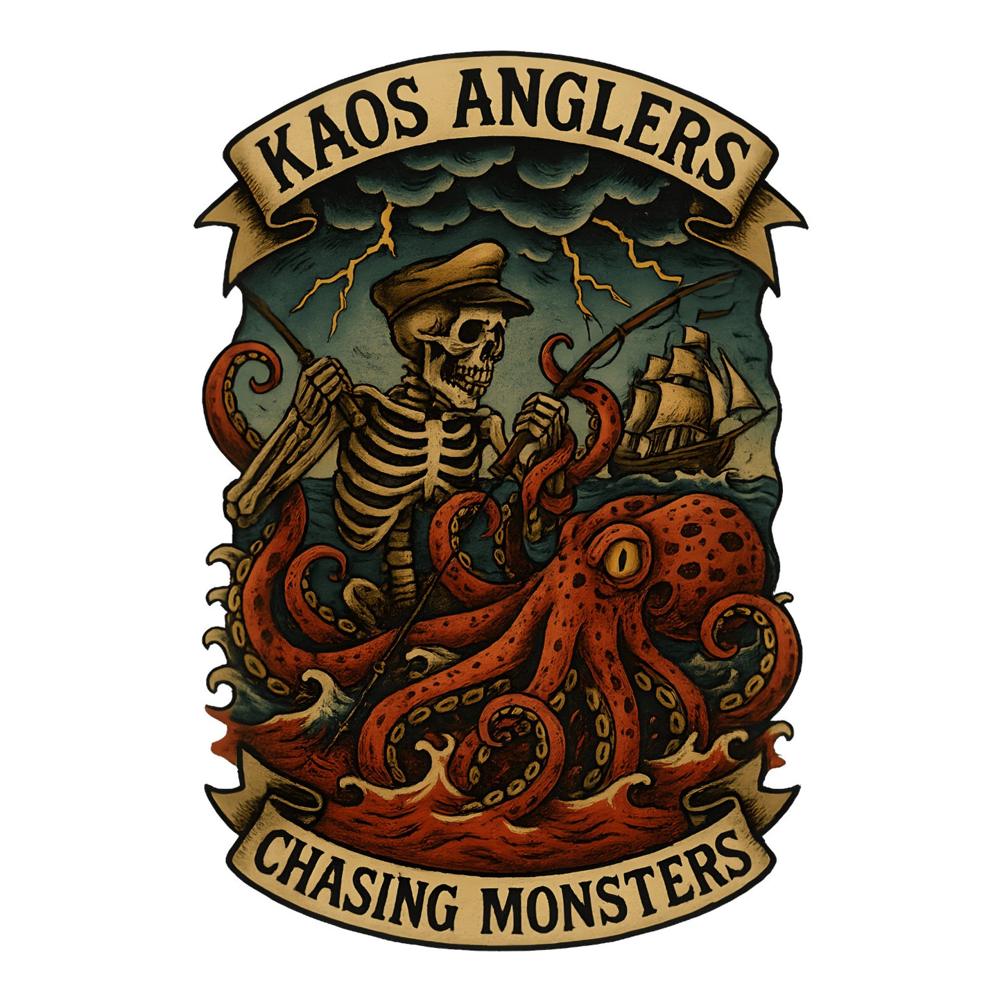 KAOS Anglers Skeleton Fisherman Giant Octopus T-Shirt | KAOS CLOTHING D446