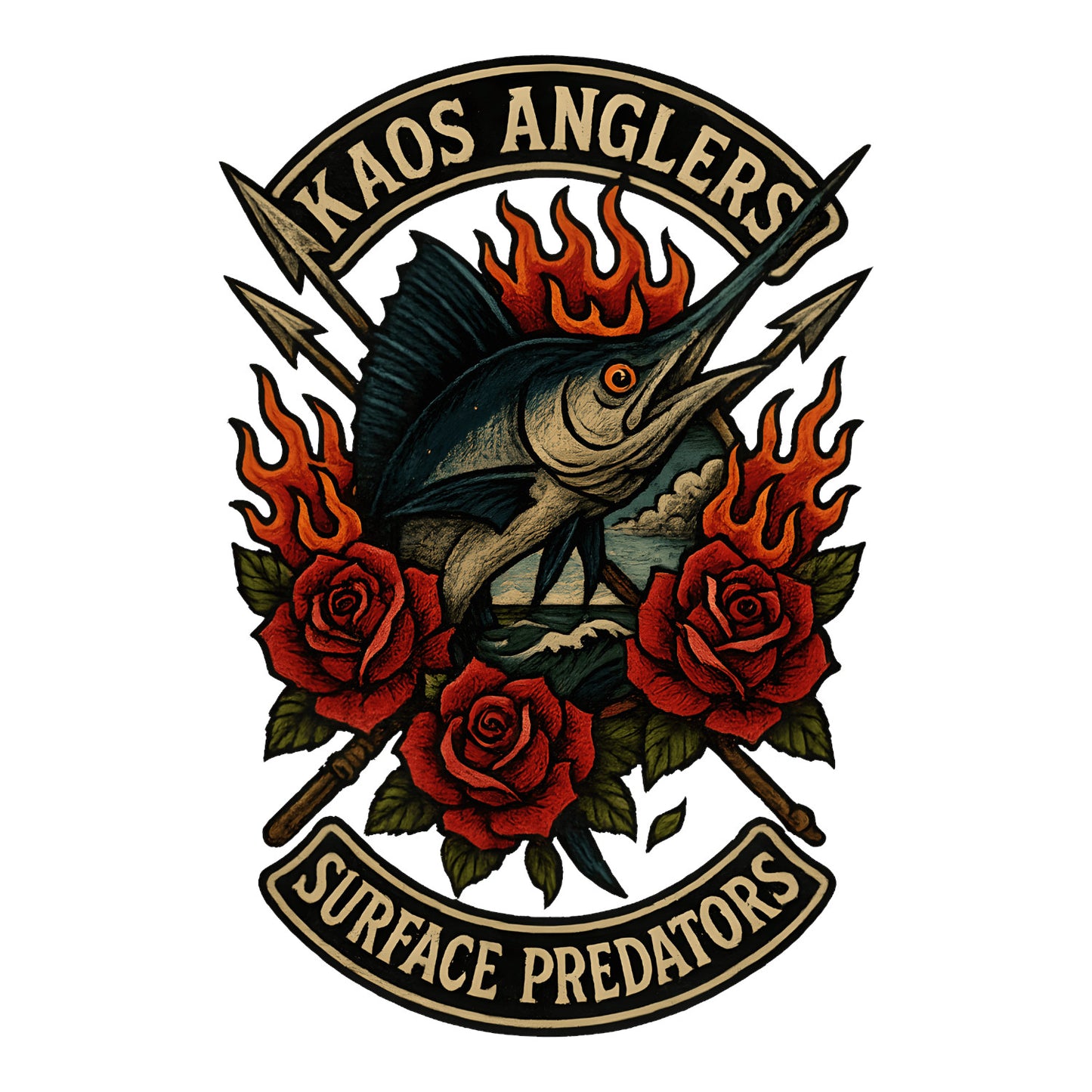KAOS Anglers Flaming Marlin Roses Surface Predators T-Shirt | KAOS CLOTHING D457