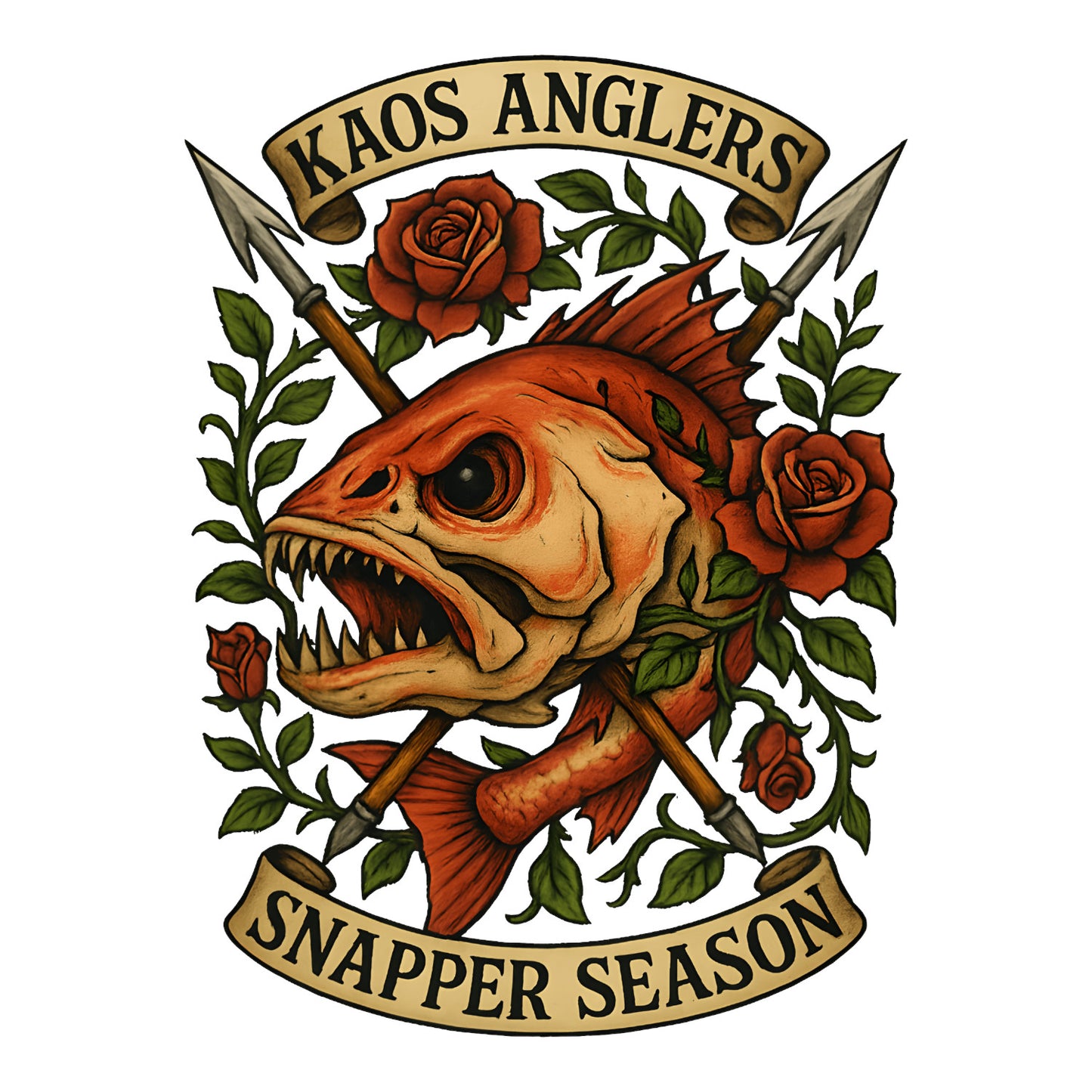 KAOS Anglers Snapper Skull Roses T-Shirt | KAOS CLOTHING D462