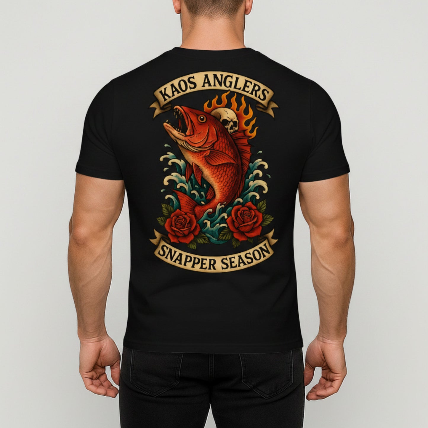 KAOS Anglers Flaming Snapper Skull Roses T-Shirt | KAOS CLOTHING D465