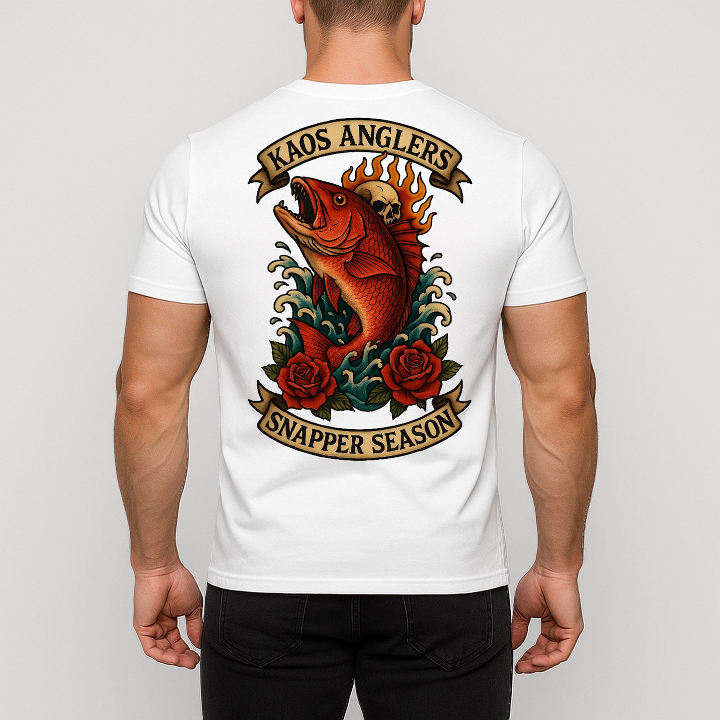 KAOS Anglers Flaming Snapper Skull Roses T-Shirt | KAOS CLOTHING D465