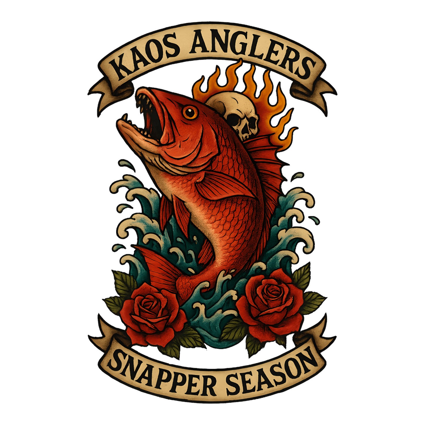 KAOS Anglers Flaming Snapper Skull Roses T-Shirt | KAOS CLOTHING D465