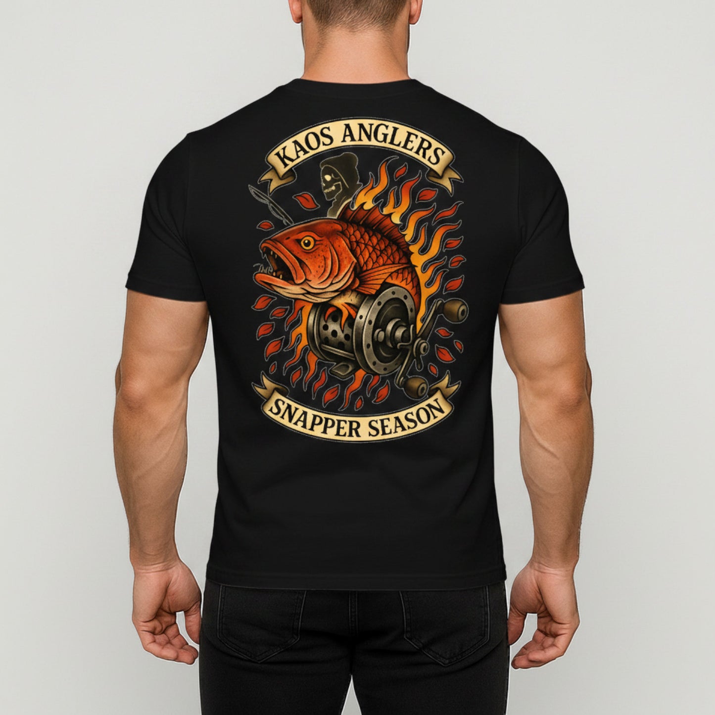 KAOS Anglers Flaming Snapper Fishing Reel T-Shirt | KAOS CLOTHING D468