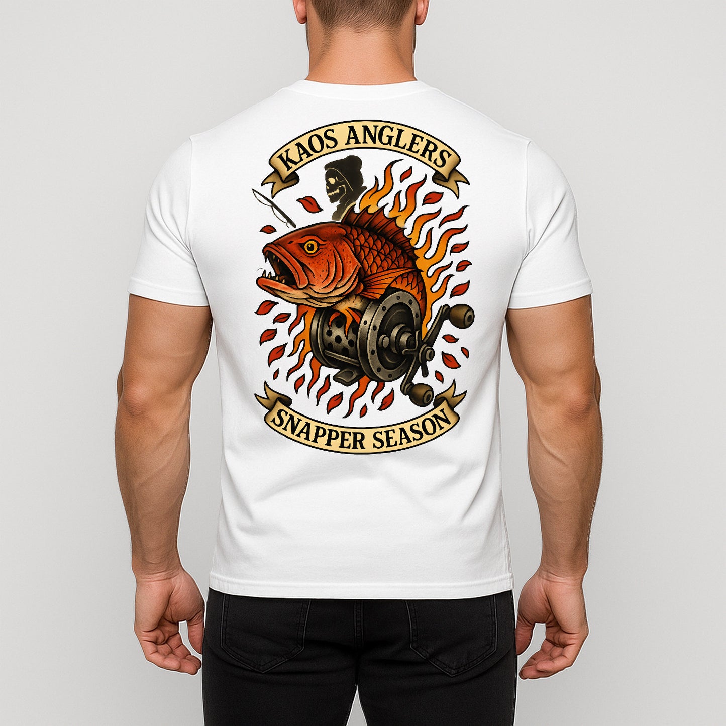 KAOS Anglers Flaming Snapper Fishing Reel T-Shirt | KAOS CLOTHING D468