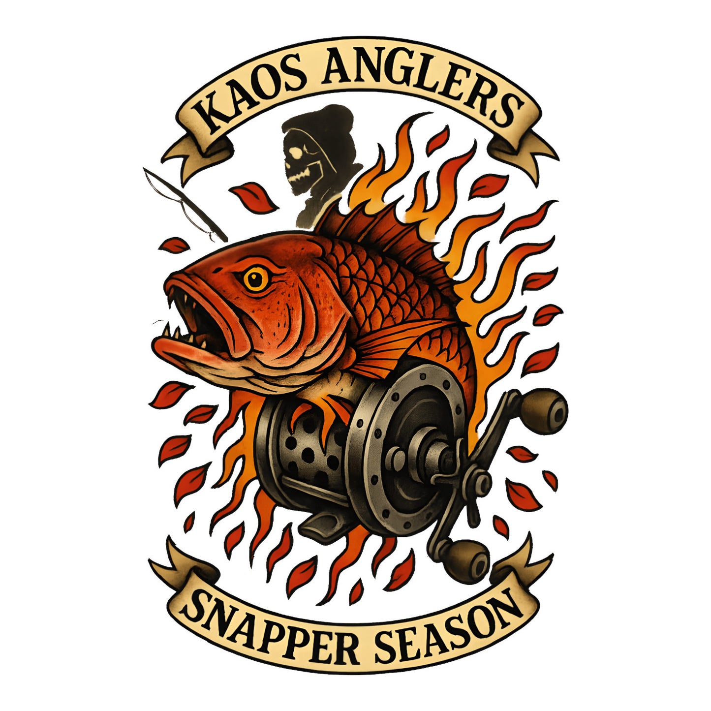 KAOS Anglers Flaming Snapper Fishing Reel T-Shirt | KAOS CLOTHING D468