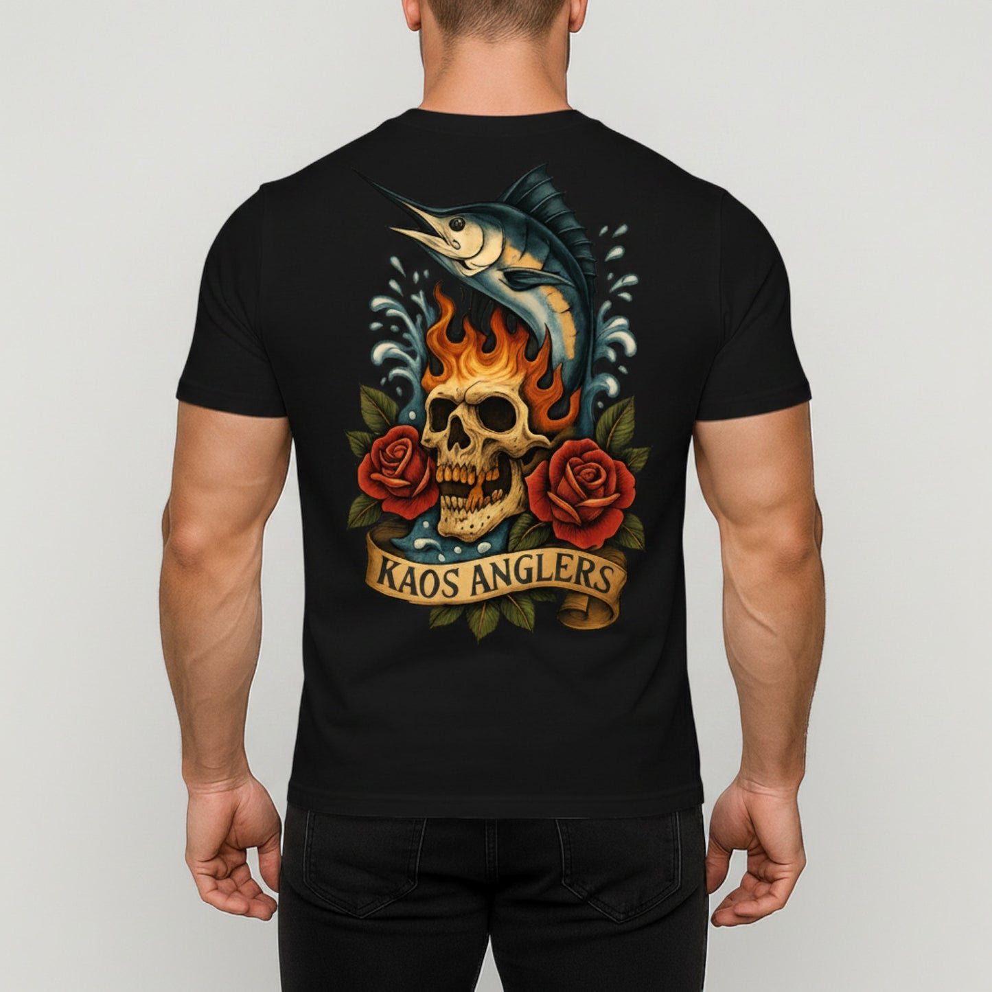 KAOS Anglers Flaming Marlin Skull Roses T-Shirt | KAOS CLOTHING D479