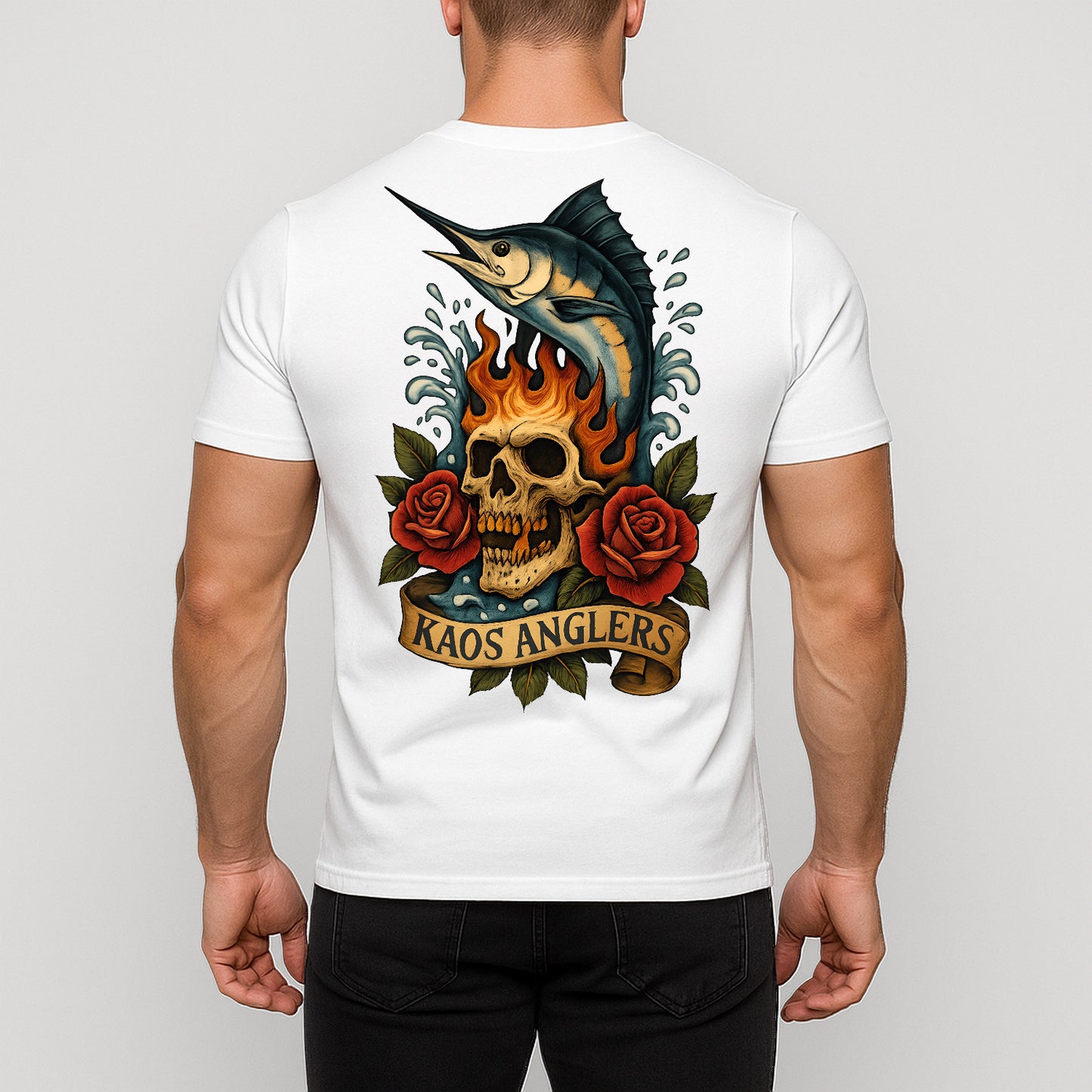 KAOS Anglers Flaming Marlin Skull Roses T-Shirt | KAOS CLOTHING D479