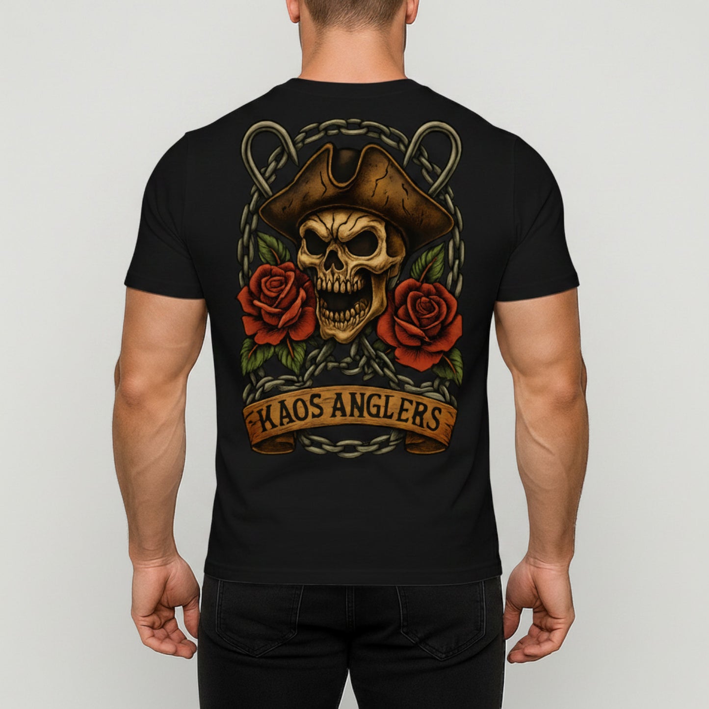 KAOS Anglers Pirate Skull Roses Fishing T-Shirt | KAOS CLOTHING D486