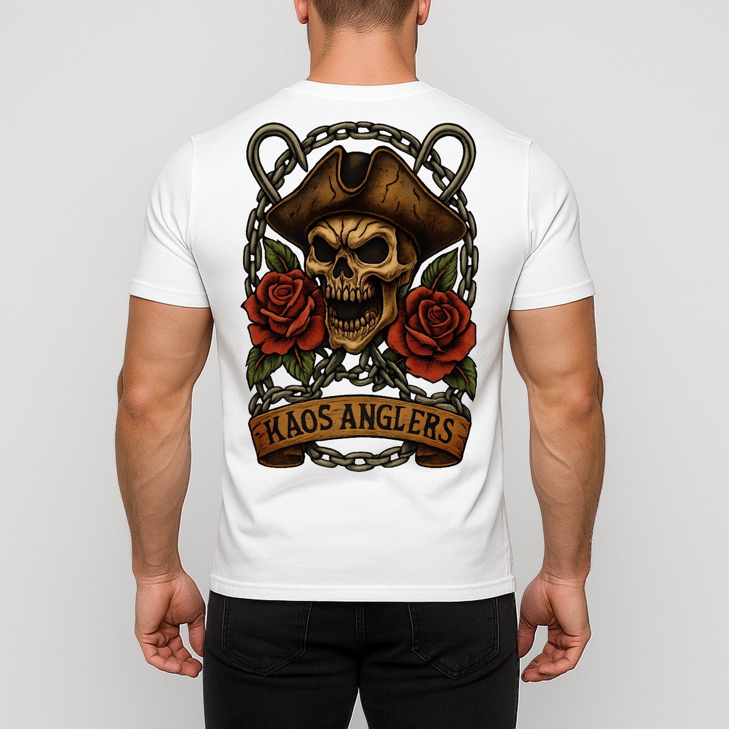 KAOS Anglers Pirate Skull Roses Fishing T-Shirt | KAOS CLOTHING D486