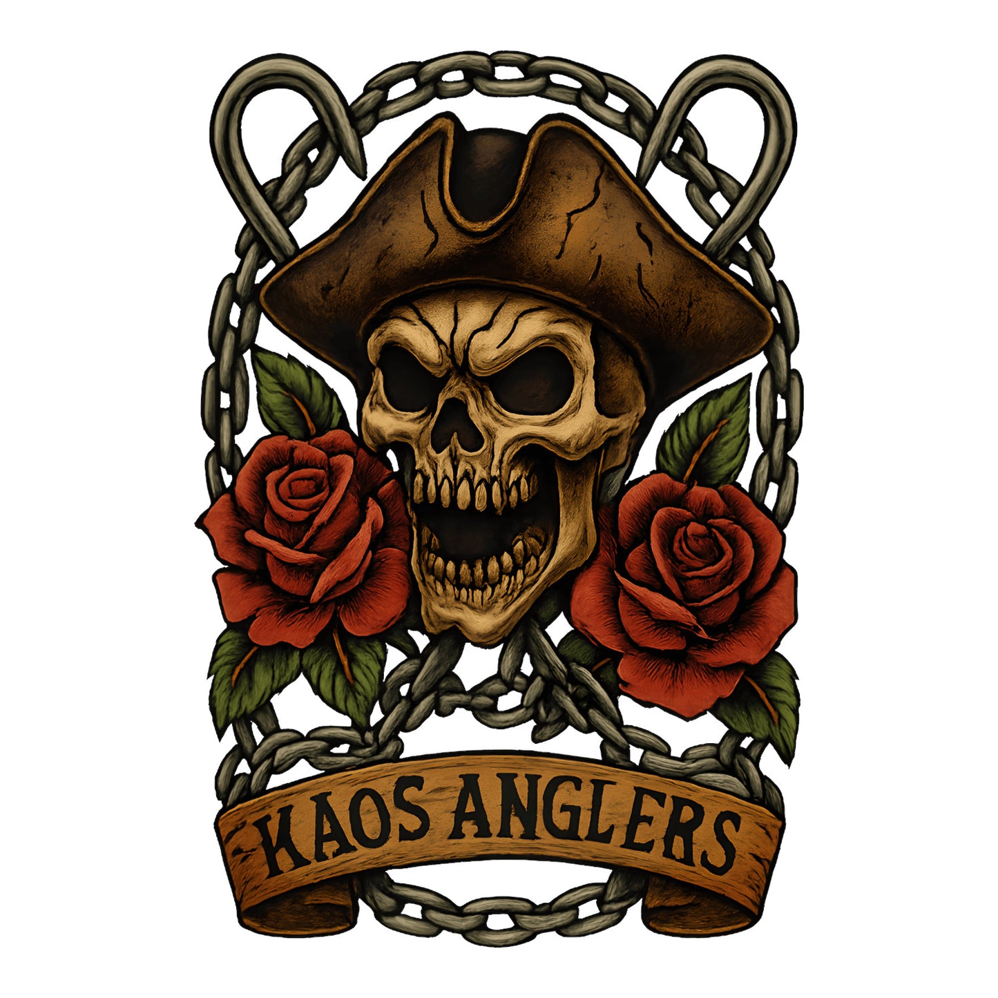 KAOS Anglers Pirate Skull Roses Fishing T-Shirt | KAOS CLOTHING D486