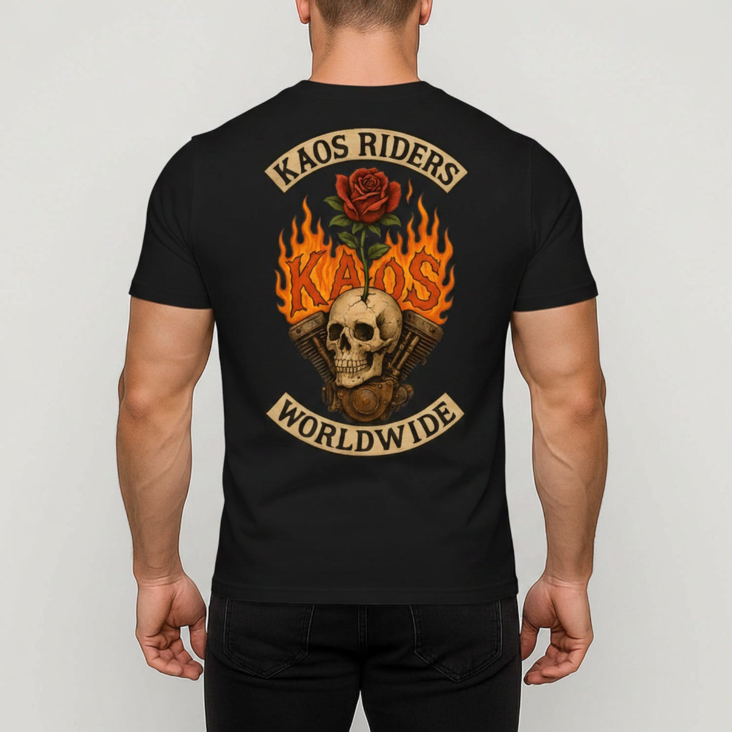 KAOS Riders Flaming Skull Engine Rose T-Shirt | KAOS CLOTHING D107