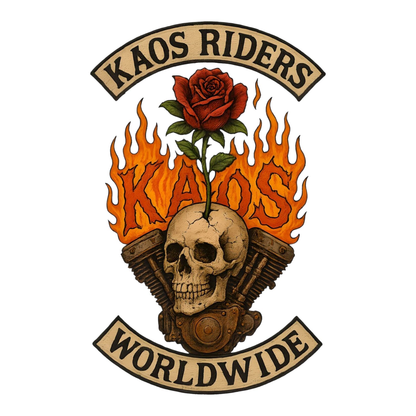 KAOS Riders Flaming Skull Engine Rose T-Shirt | KAOS CLOTHING D107