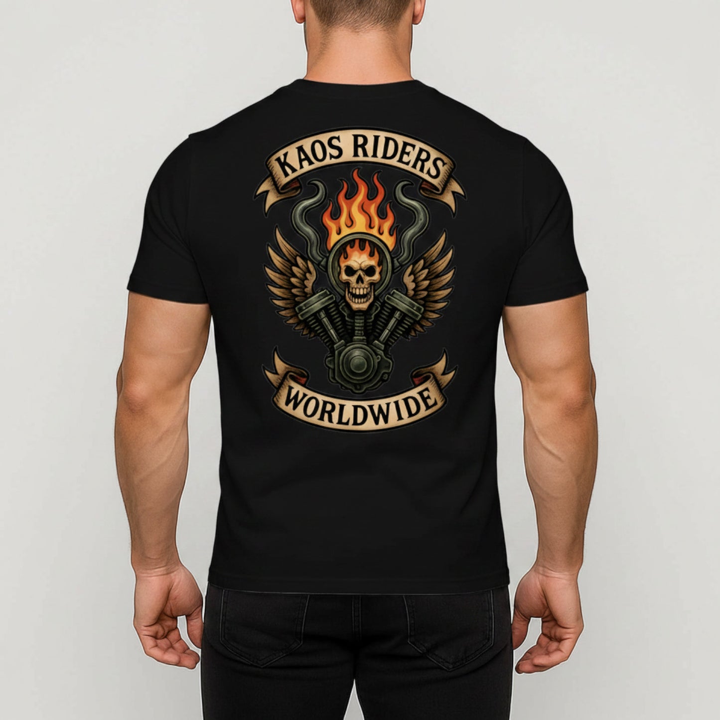 KAOS Riders Flaming Winged Skull Engine T-Shirt | KAOS CLOTHING D110