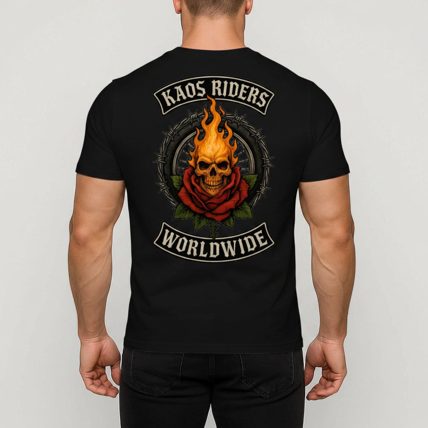 KAOS Riders Flaming Skull Rose Motorcycle Wheel T-Shirt | KAOS CLOTHING D116