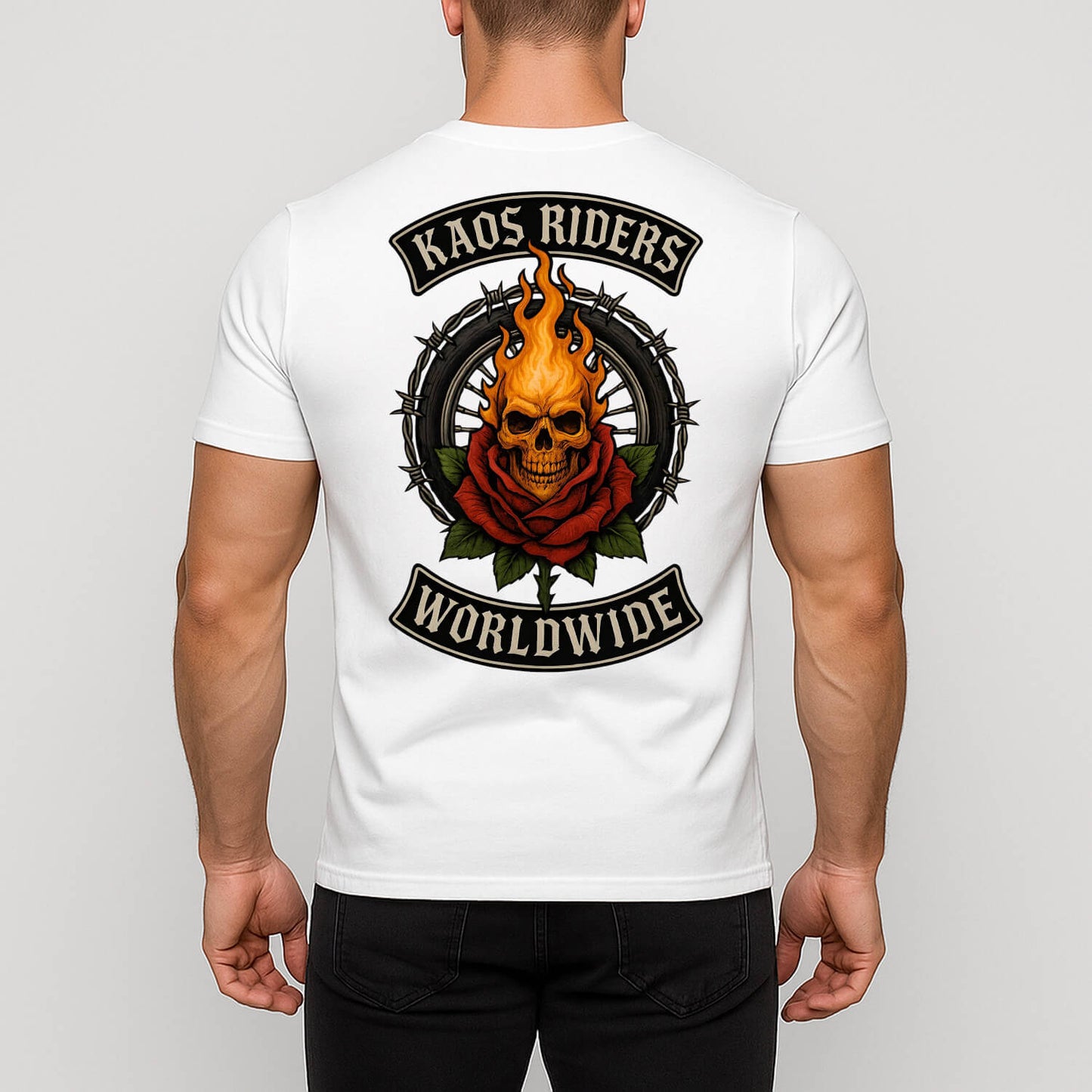 KAOS Riders Flaming Skull Rose Motorcycle Wheel T-Shirt | KAOS CLOTHING D116