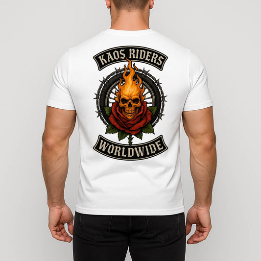 KAOS Riders Flaming Skull Rose Motorcycle Wheel T-Shirt | KAOS CLOTHING D116
