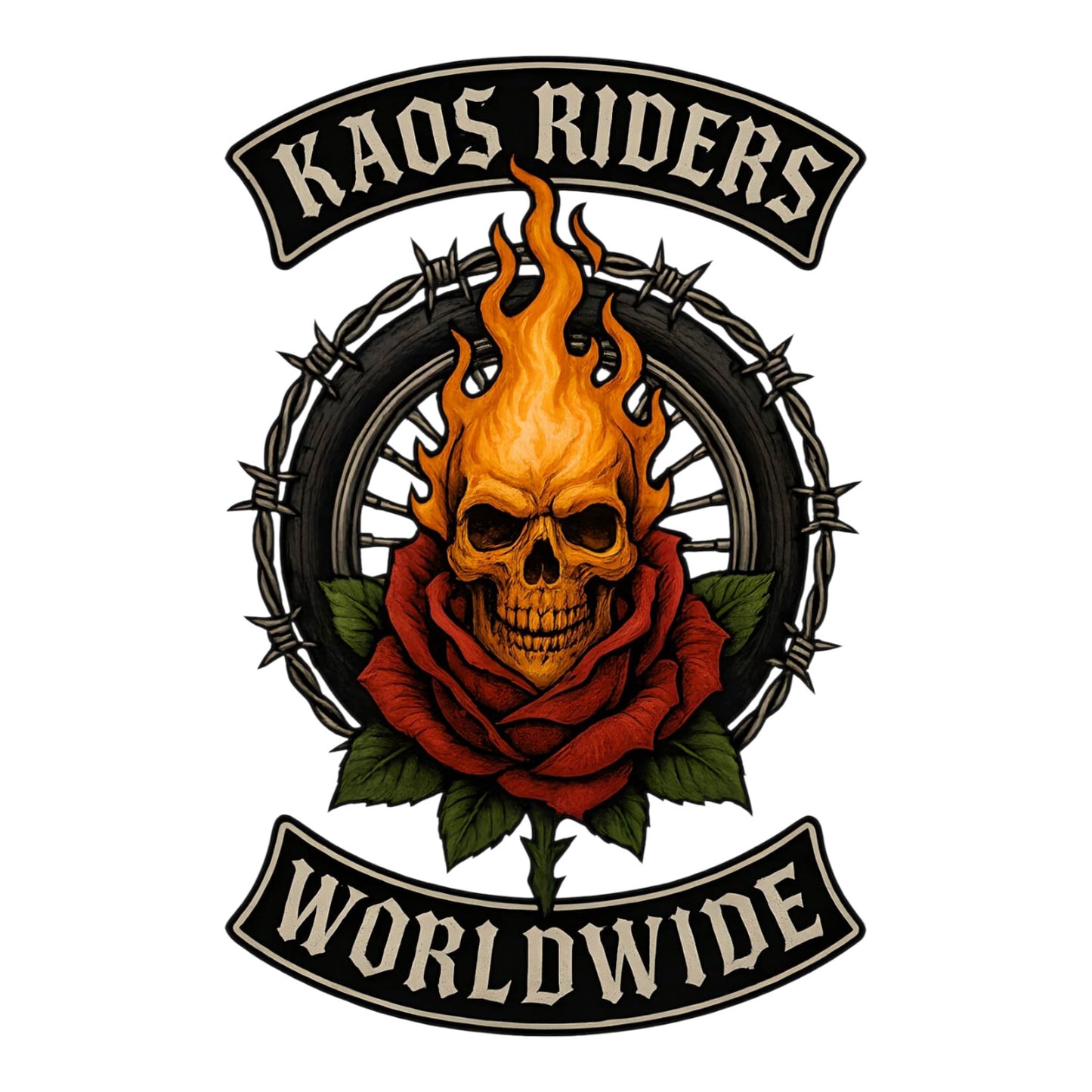 KAOS Riders Flaming Skull Rose Motorcycle Wheel T-Shirt | KAOS CLOTHING D116
