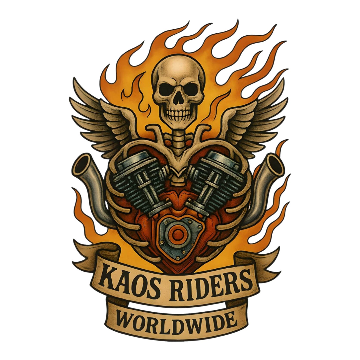 KAOS Riders Flaming Skeleton Engine Heart T-Shirt | KAOS CLOTHING D132