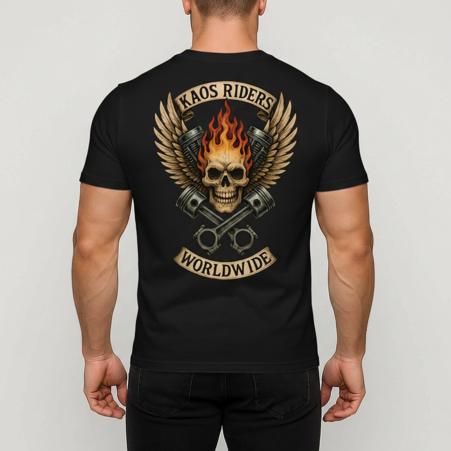 KAOS Riders Flaming Skull Crossed Pistons T-Shirt | KAOS CLOTHING D133
