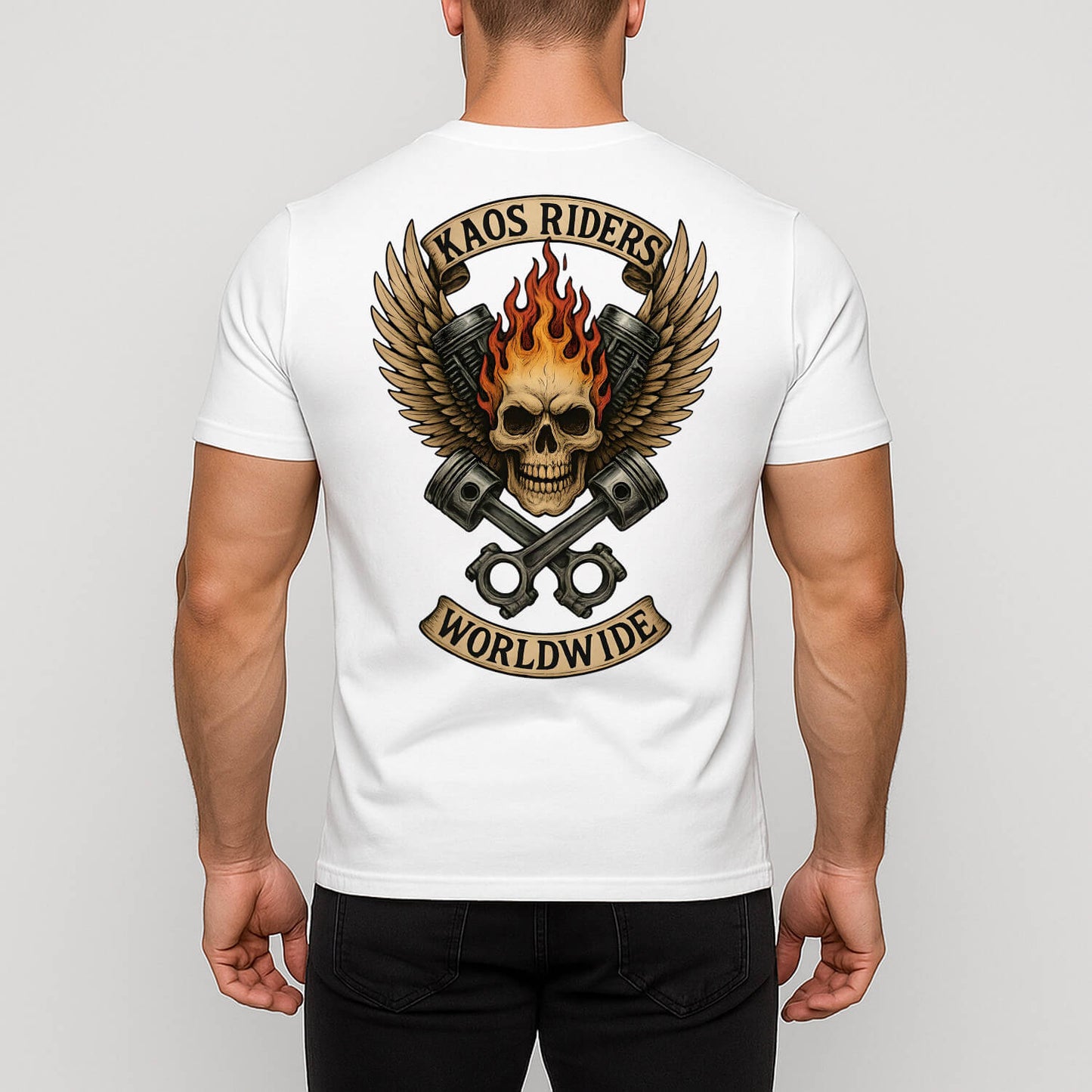 KAOS Riders Flaming Skull Crossed Pistons T-Shirt | KAOS CLOTHING D133