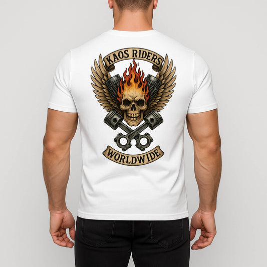 KAOS Riders Flaming Skull Crossed Pistons T-Shirt | KAOS CLOTHING D133