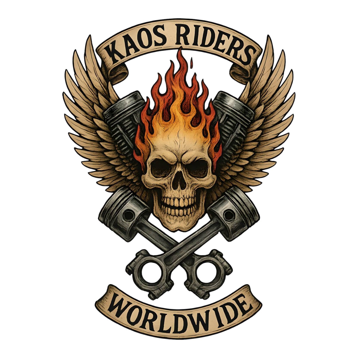 KAOS Riders Flaming Skull Crossed Pistons T-Shirt | KAOS CLOTHING D133