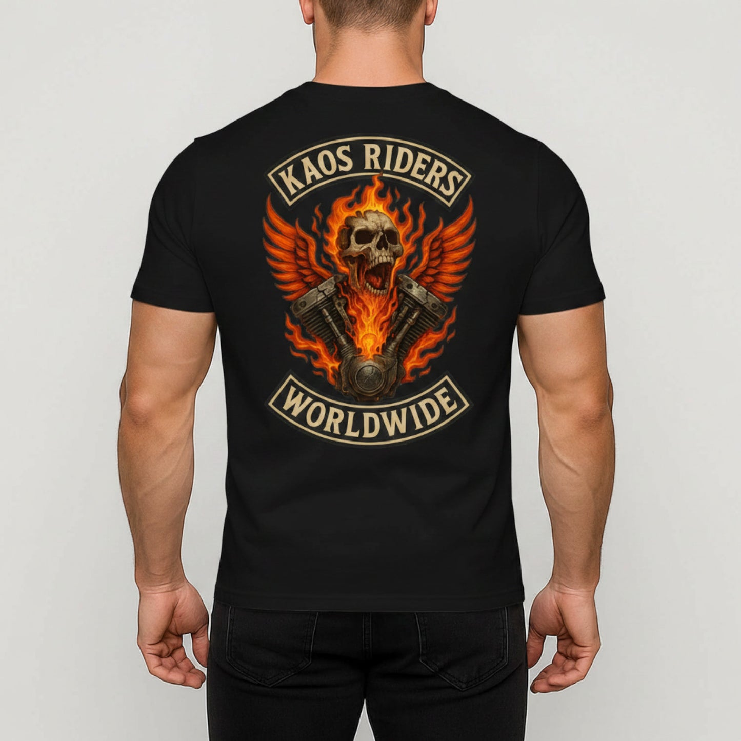 KAOS Riders Flaming Skull V-Twin Engine T-Shirt | KAOS CLOTHING D134