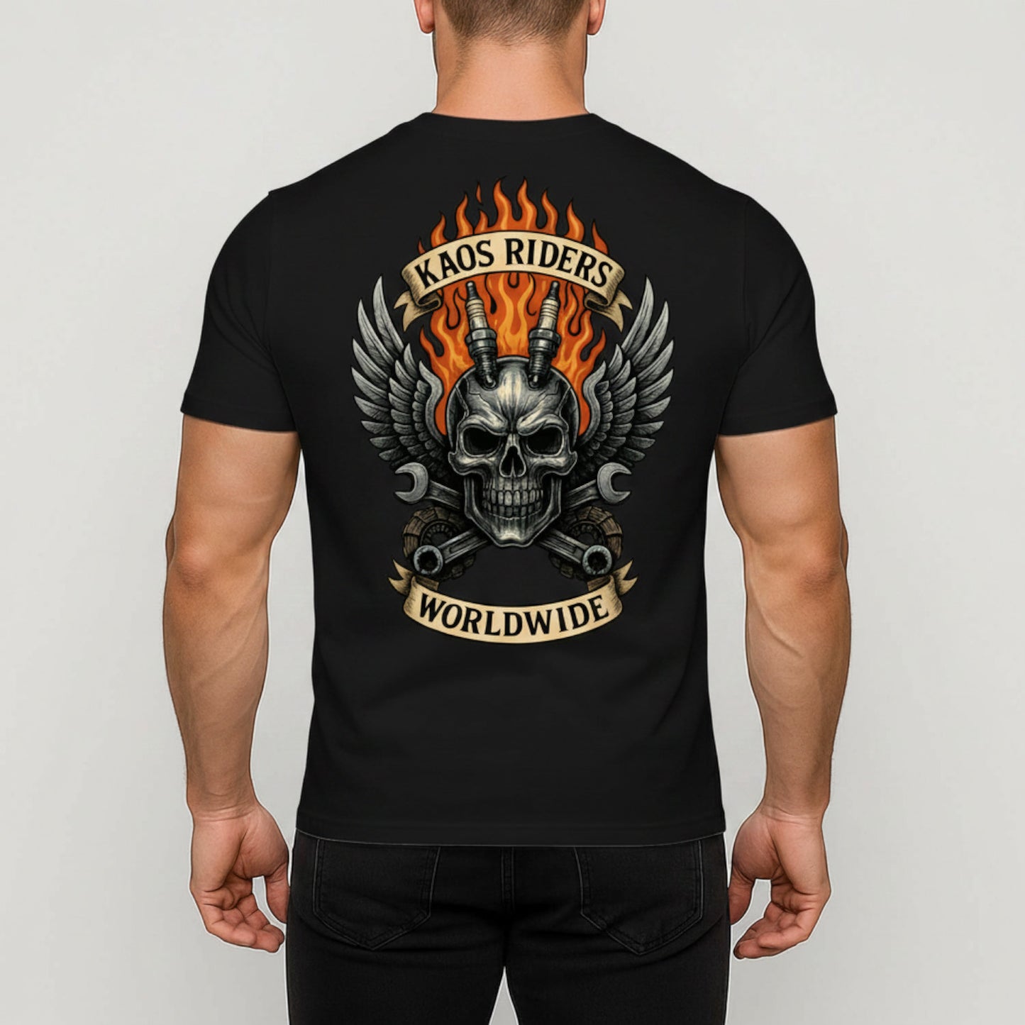 KAOS Riders Flaming Skull Crossed Pistons T-Shirt | KAOS CLOTHING D139