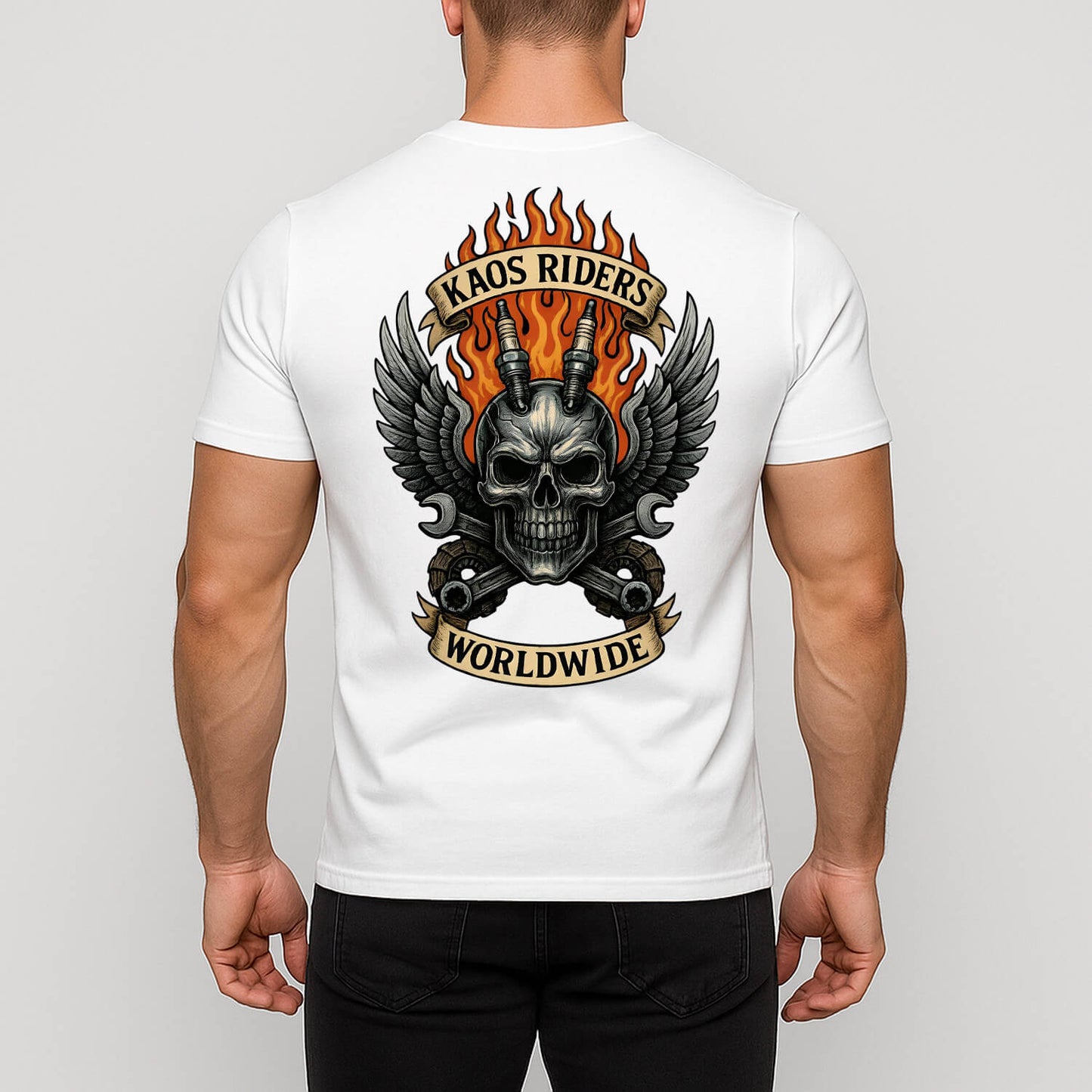 KAOS Riders Flaming Skull Crossed Pistons T-Shirt | KAOS CLOTHING D139