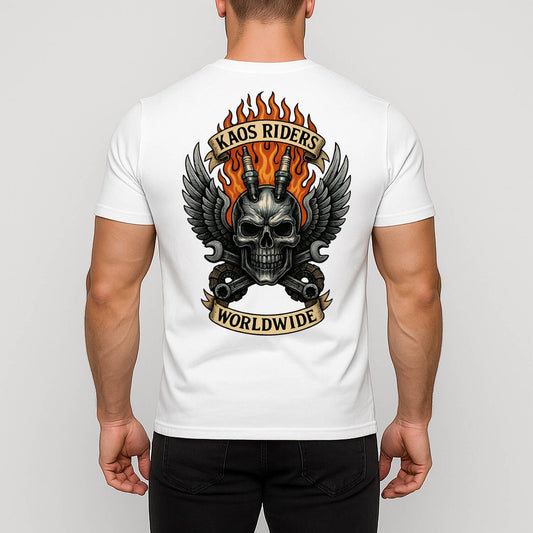 KAOS Riders Flaming Skull Crossed Pistons T-Shirt | KAOS CLOTHING D139