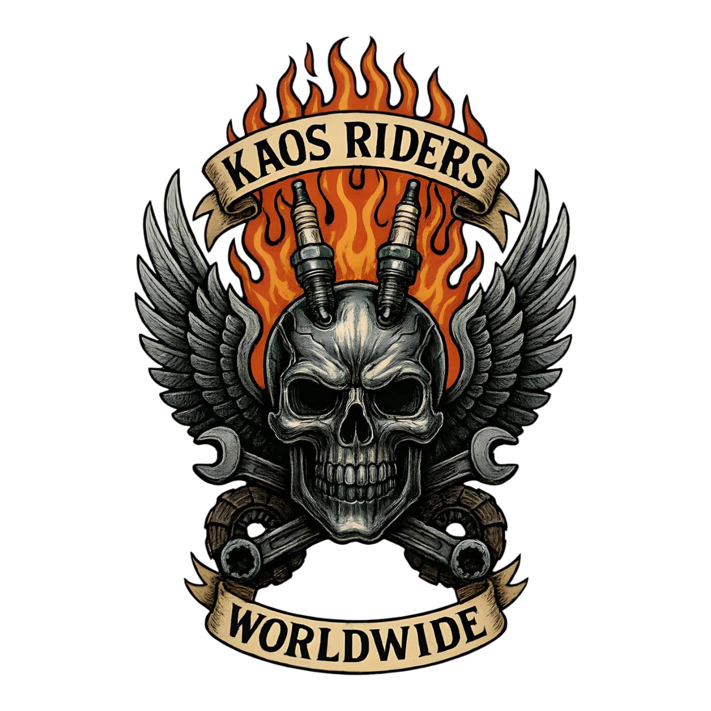 KAOS Riders Flaming Skull Crossed Pistons T-Shirt | KAOS CLOTHING D139