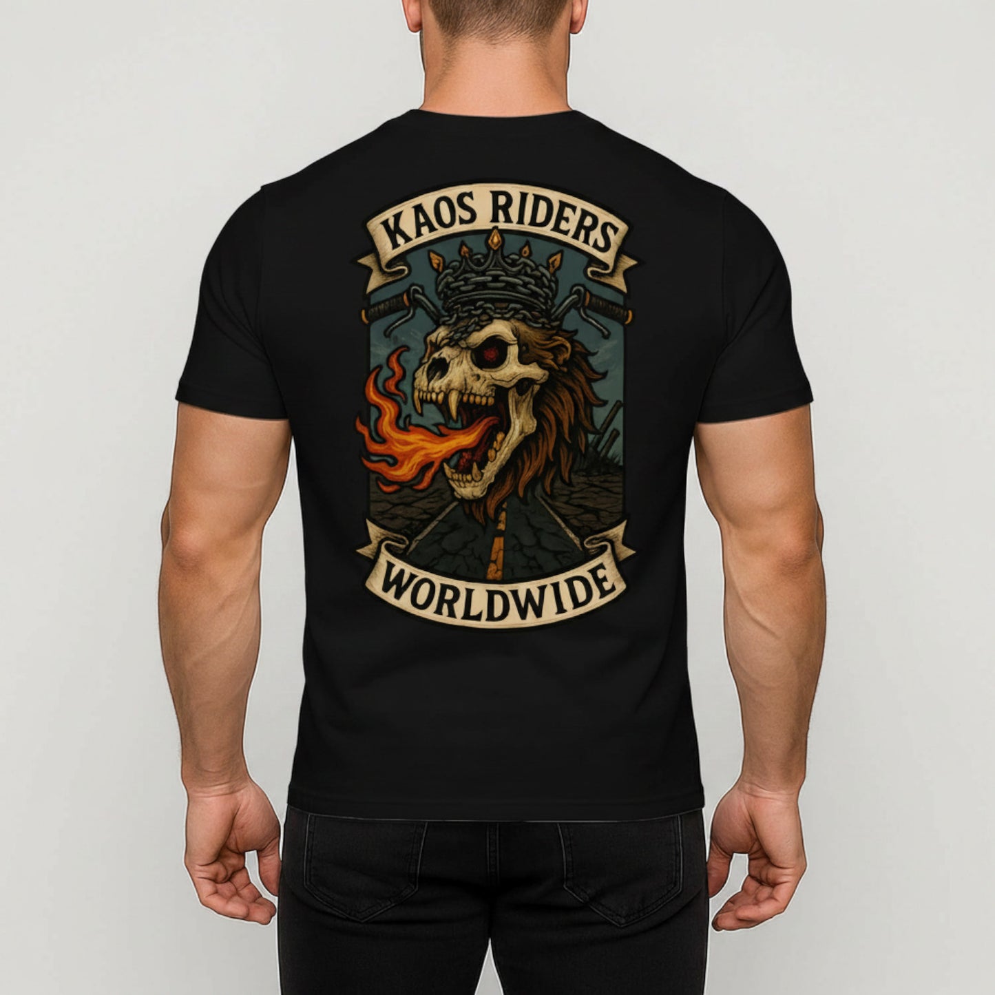 KAOS Riders Flaming Lion Skull Biker T-Shirt | KAOS CLOTHING D63