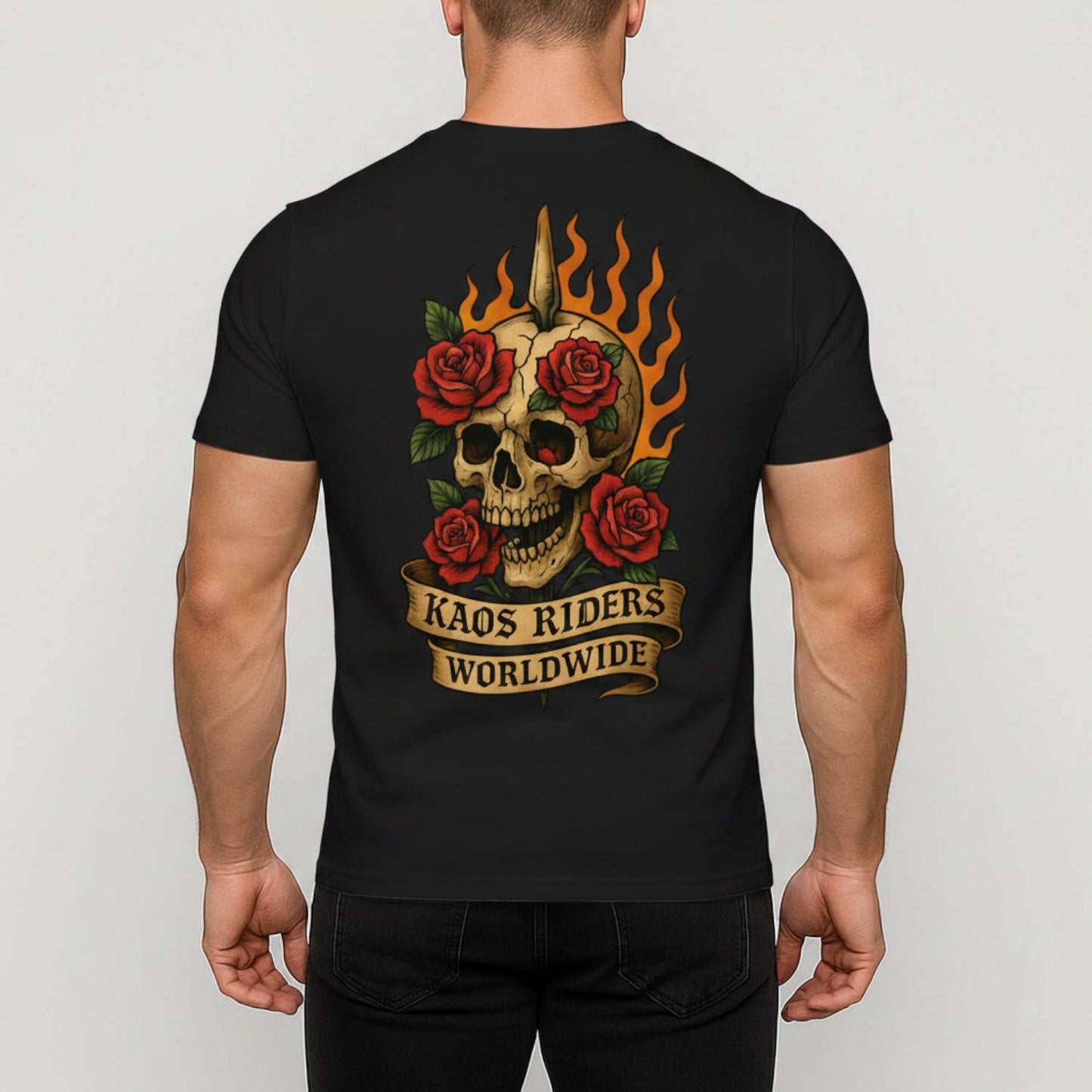 KAOS Riders Flaming Skull and Roses T-Shirt | KAOS CLOTHING D67