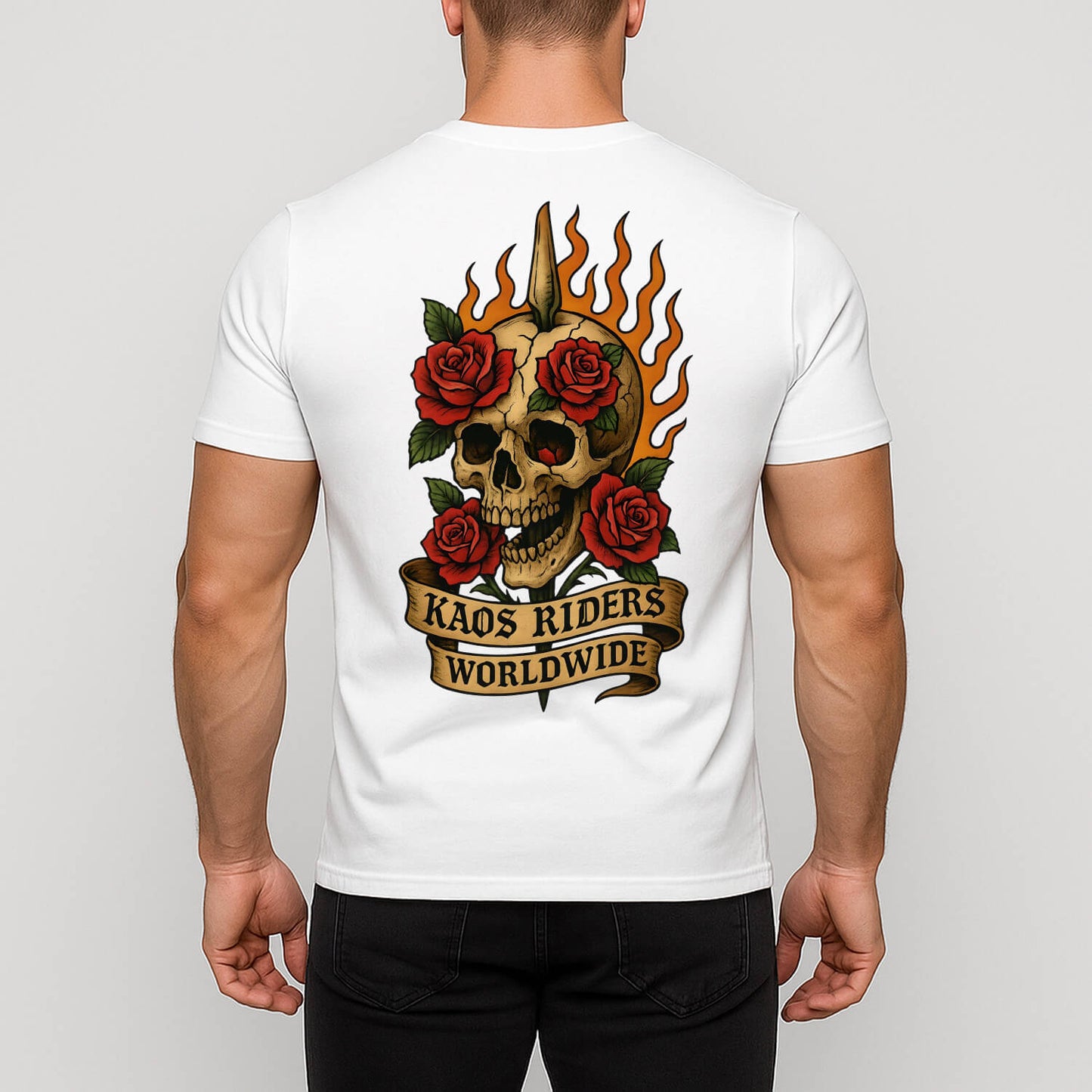 KAOS Riders Flaming Skull and Roses T-Shirt | KAOS CLOTHING D67