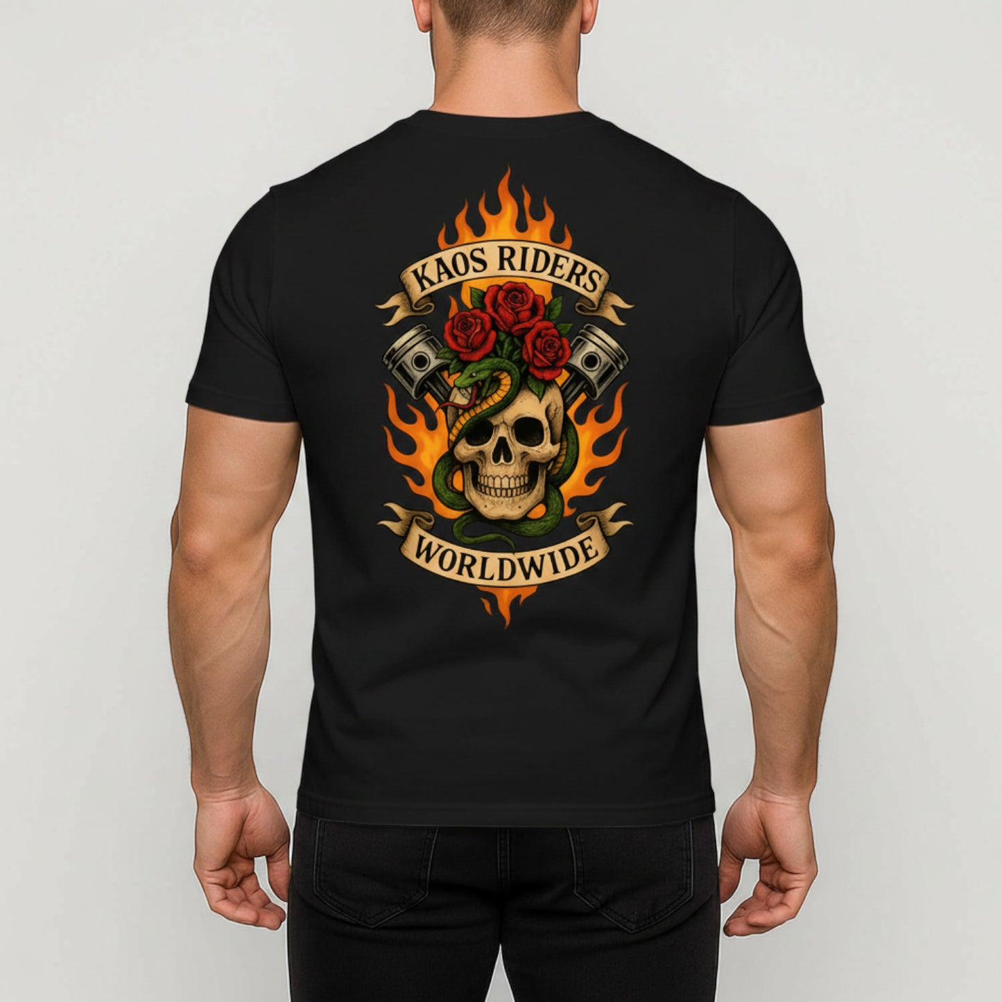 KAOS Riders Flaming Skull Snake Pistons T-Shirt | KAOS CLOTHING D77
