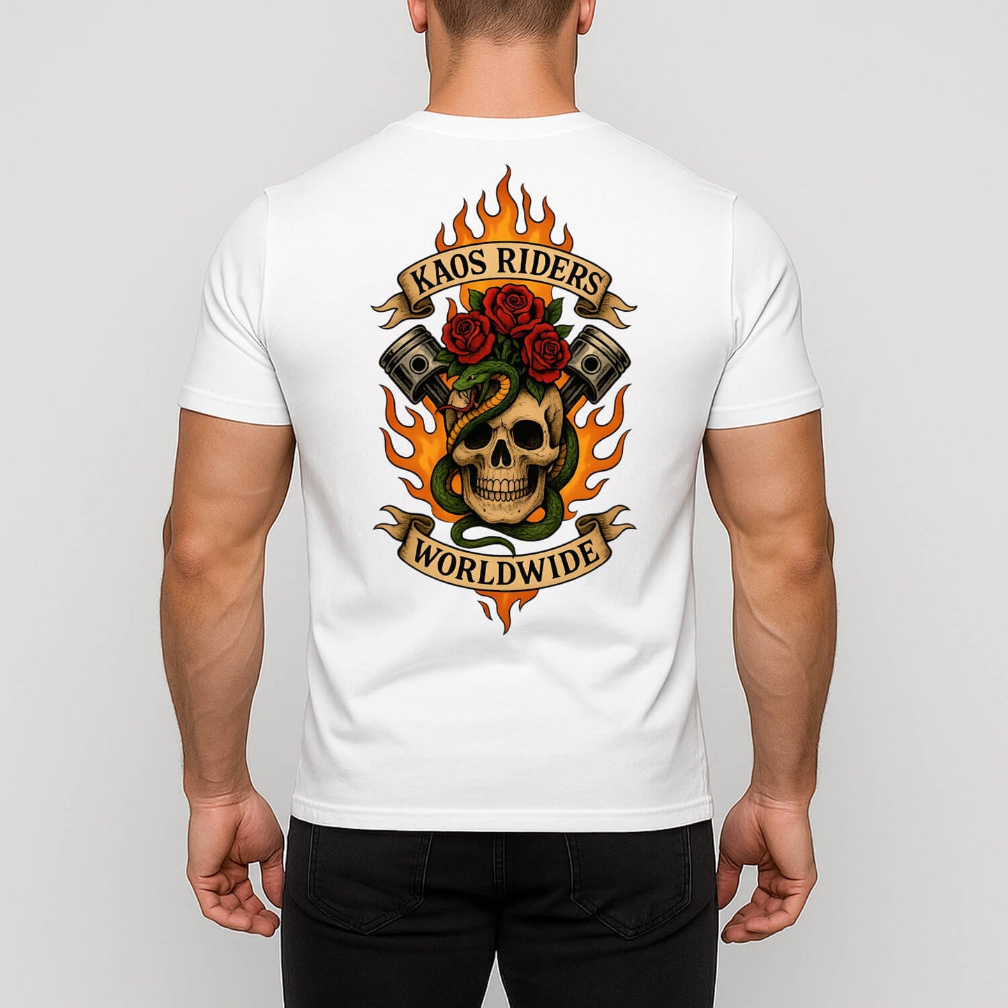 KAOS Riders Flaming Skull Snake Pistons T-Shirt | KAOS CLOTHING D77
