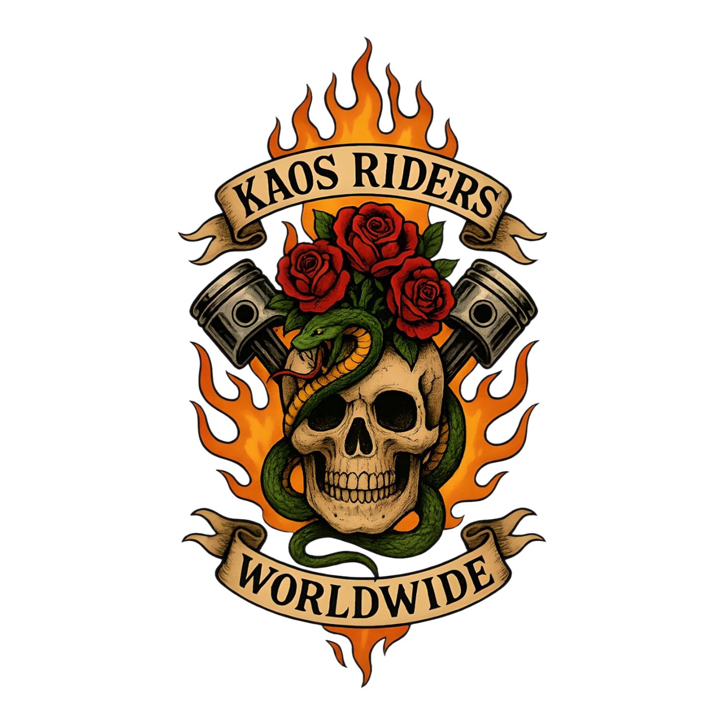 KAOS Riders Flaming Skull Snake Pistons T-Shirt | KAOS CLOTHING D77